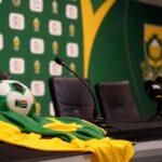 Een persmoment rond het Zuid-Afrikaanse voetbal na het afscheid van Hugo Broos als trainer