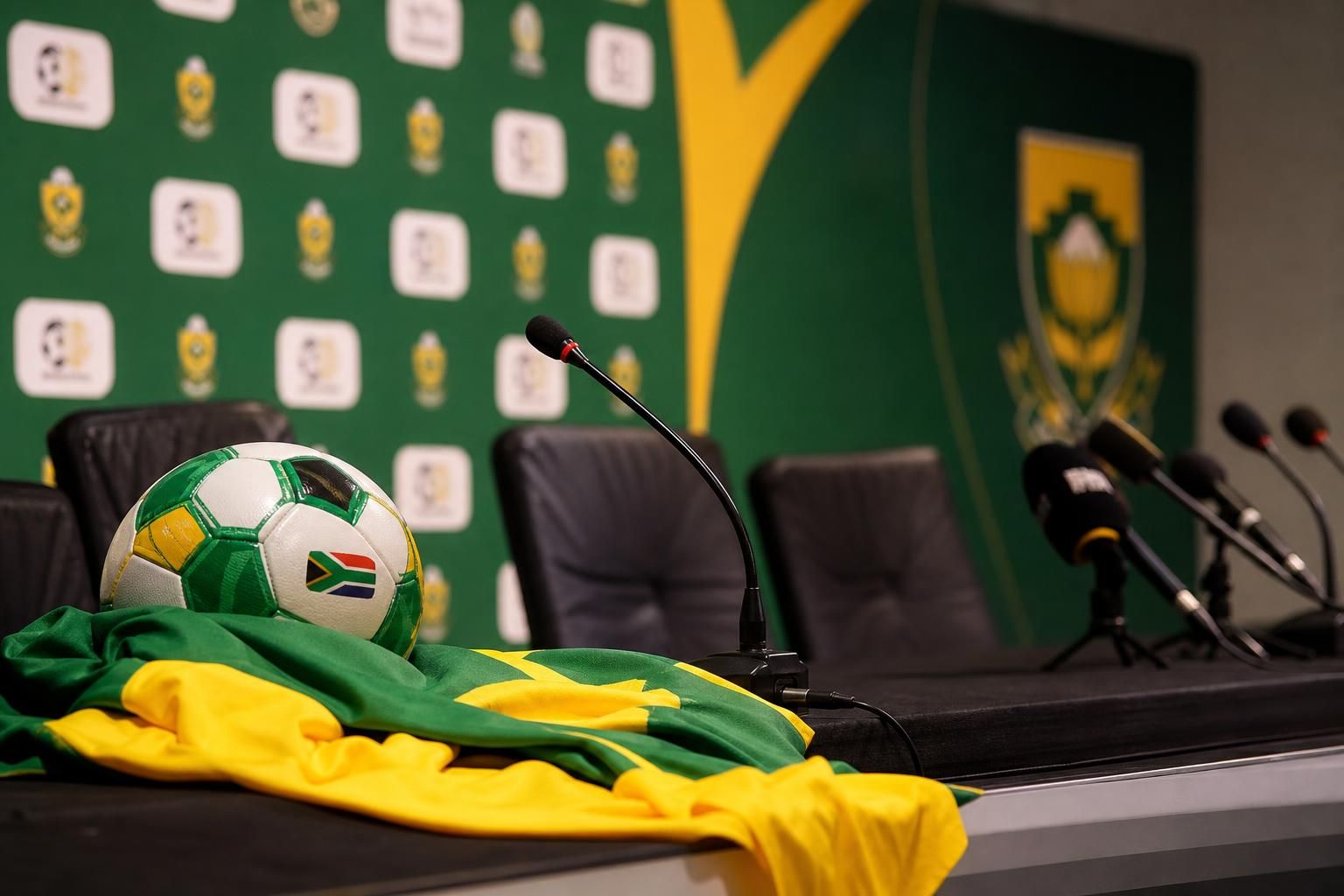 Een persmoment rond het Zuid-Afrikaanse voetbal na het afscheid van Hugo Broos als trainer
