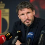 Mark van Bommel bij een persmoment rond zijn aanstelling als bondscoach van de Rode Duivels