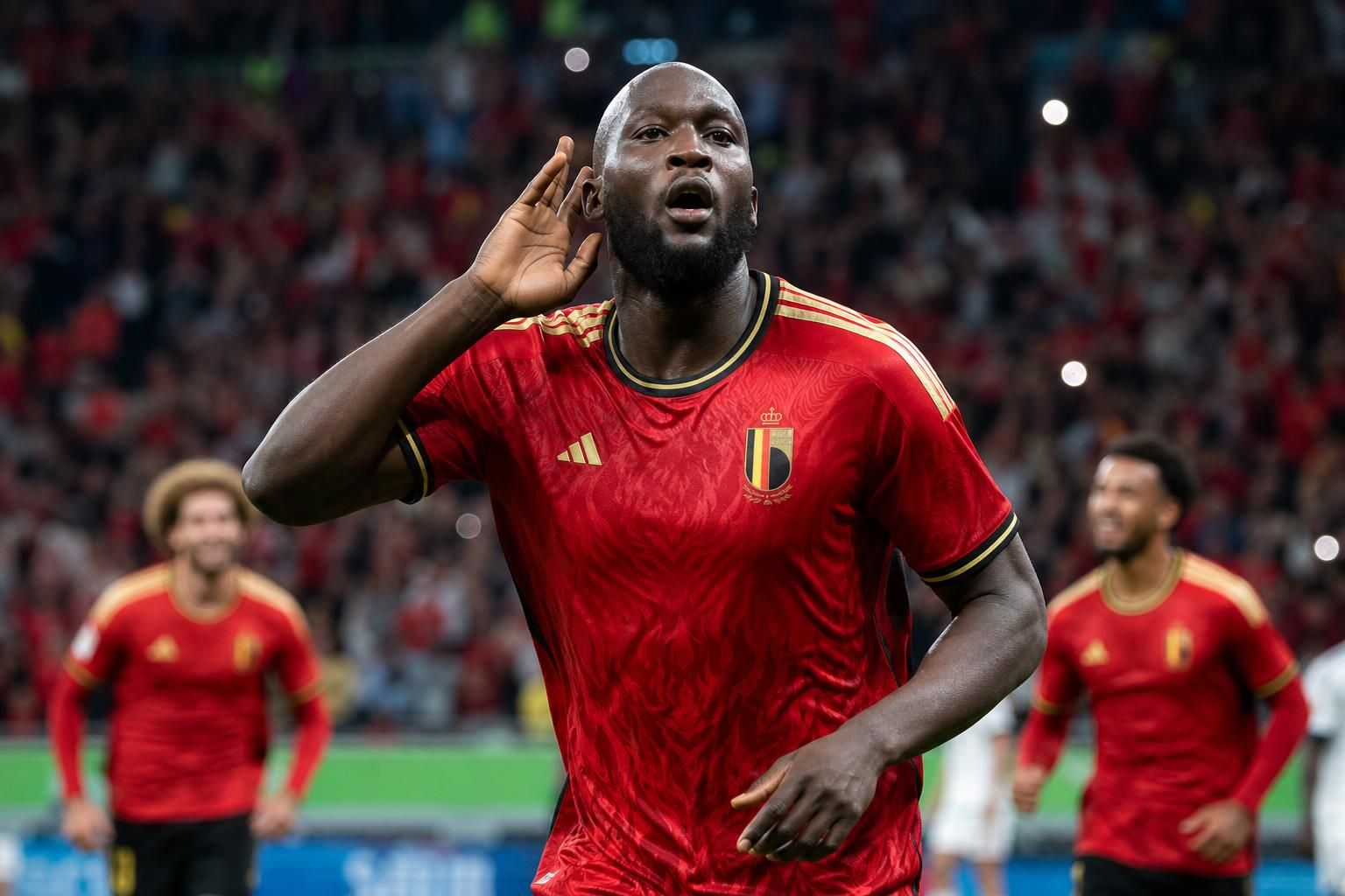 Romelu Lukaku viert een doelpunt voor de Rode Duivels op het WK.