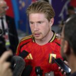 Kevin De Bruyne in een gespannen persmoment na een wedstrijd van de Rode Duivels