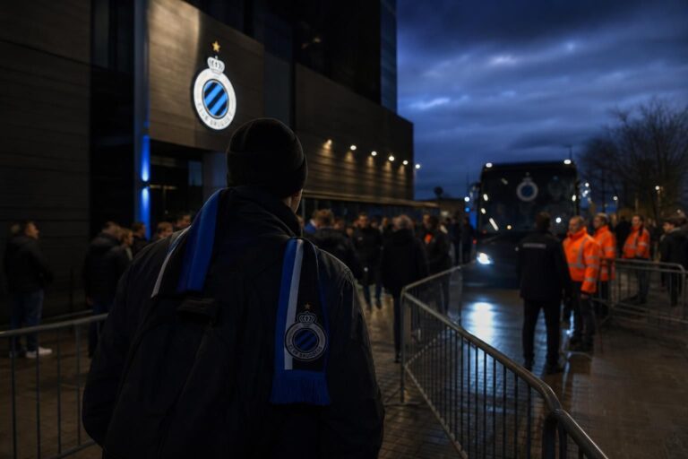 Transfercontext rond Jesse Bisiwu met Club Brugge-sfeer en stadionomgeving zonder herkenbare gezichten