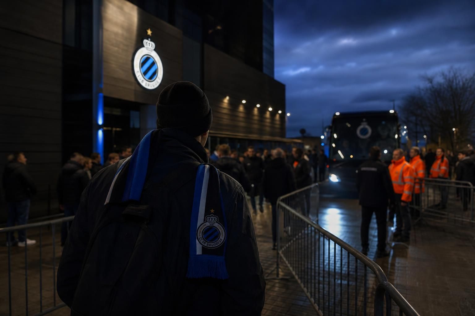 Transfercontext rond Jesse Bisiwu met Club Brugge-sfeer en stadionomgeving zonder herkenbare gezichten