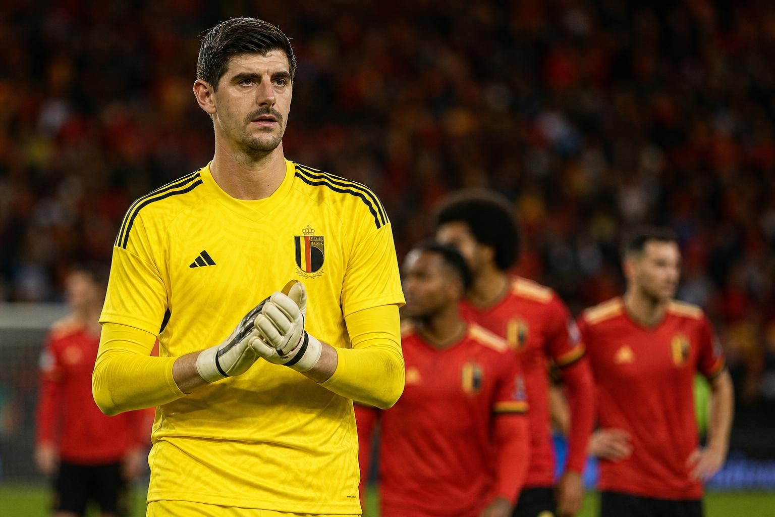 Thibaut Courtois bij de Rode Duivels tijdens een gespannen stadionmoment.