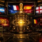 Gouden VoetbalFocus Prediction Engine met WK-projecties, Belgische accenten en Paul de Octopus in een observatiecapsule.