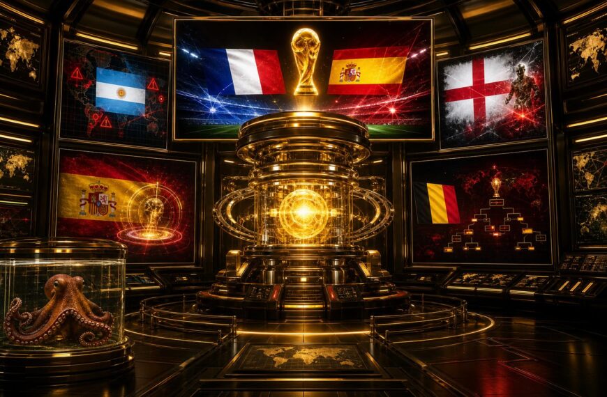 Gouden VoetbalFocus Prediction Engine met WK-projecties, Belgische accenten en Paul de Octopus in een observatiecapsule.