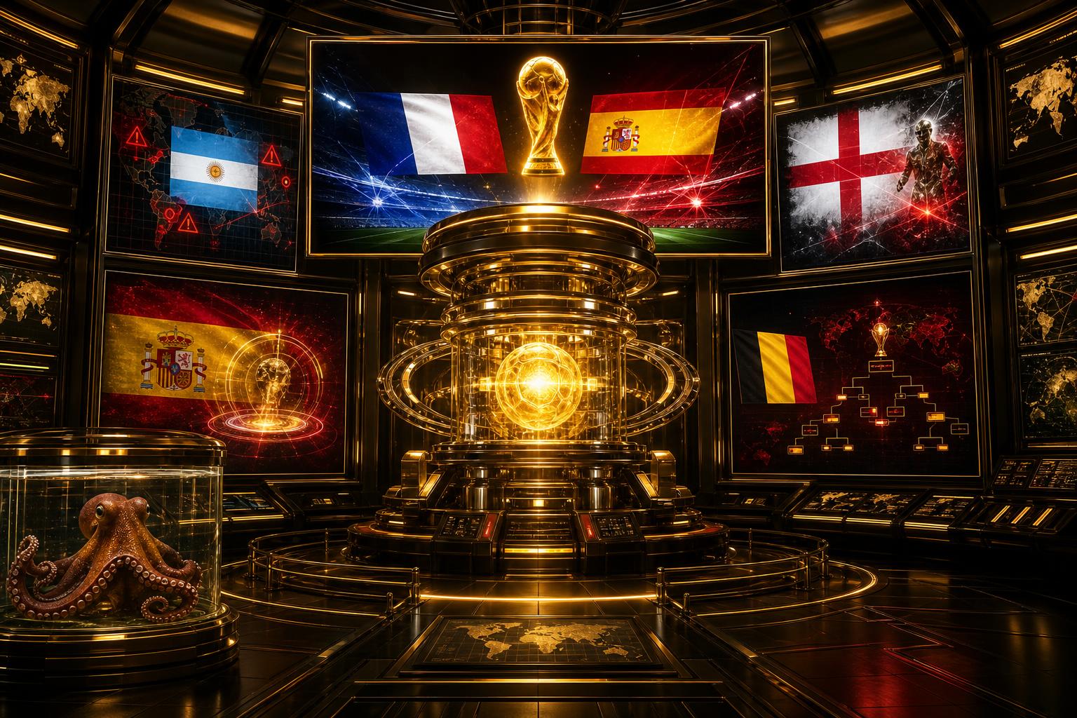 Gouden VoetbalFocus Prediction Engine met WK-projecties, Belgische accenten en Paul de Octopus in een observatiecapsule.