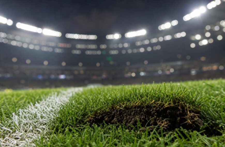 Een stukje voetbalgras met stadionlichten op de achtergrond als herinnering aan een WK-finale