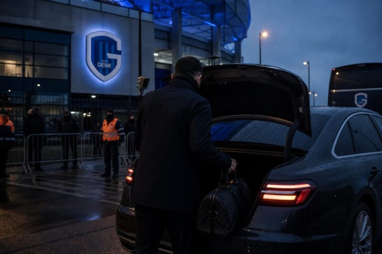 Transfersfeer rond KRC Genk in een stadionomgeving zonder herkenbare gezichten.