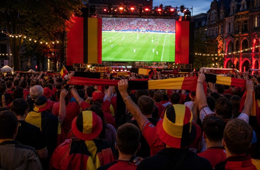 Supporters van de Rode Duivels volgen een WK-wedstrijd op een groot scherm