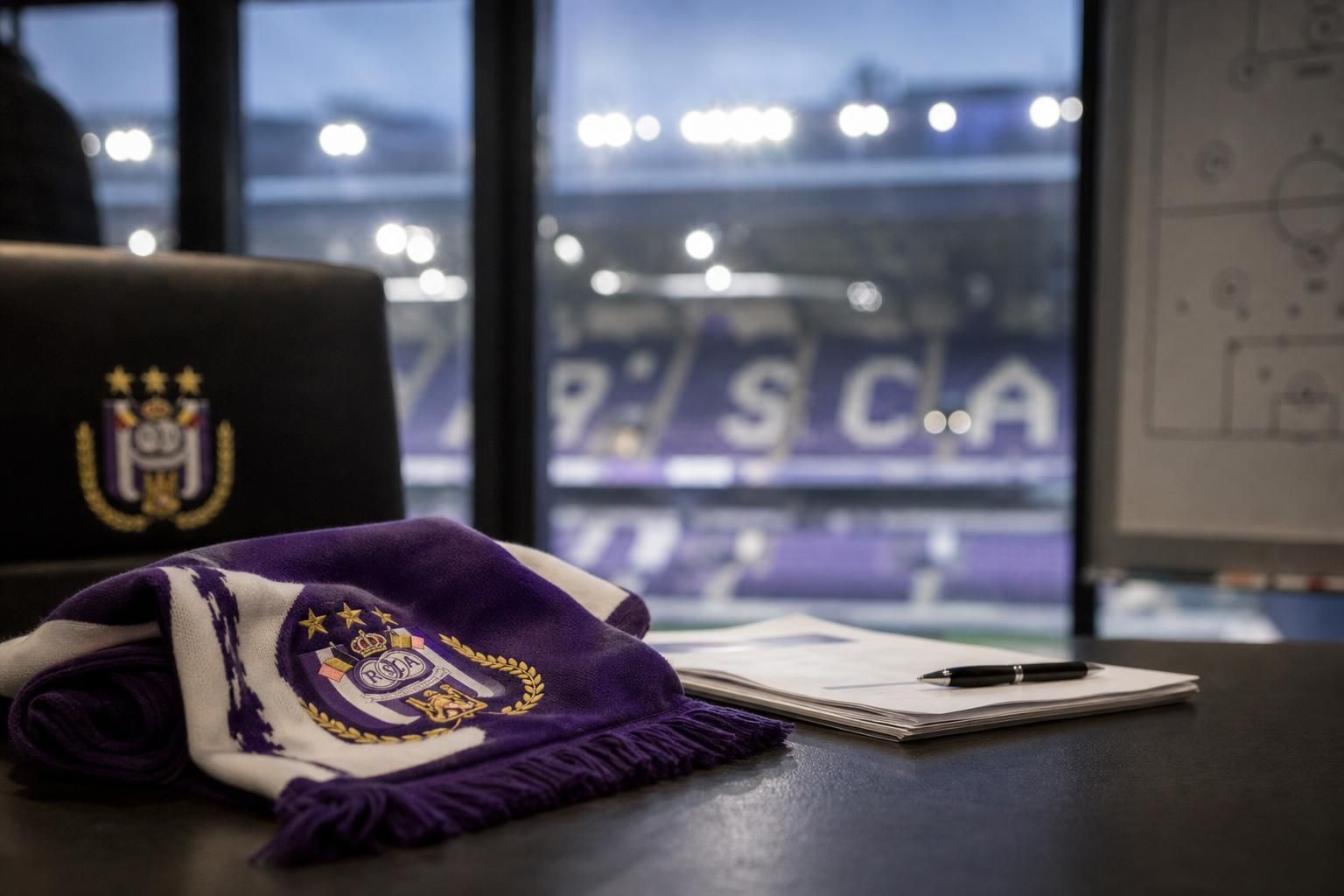 Transfercontext rond RSC Anderlecht met paars-witte clubsfeer zonder herkenbare gezichten