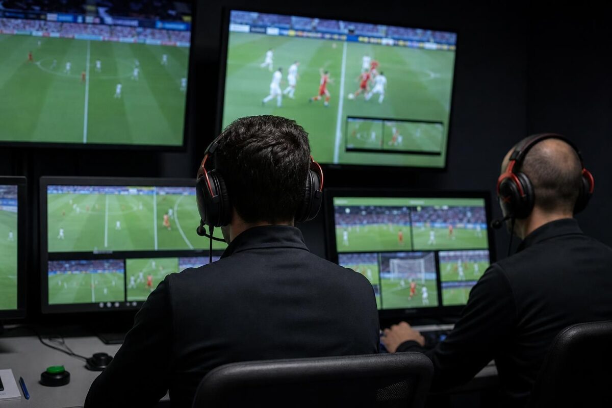 VAR-controleruimte tijdens een internationaal voetbaltoernooi zonder herkenbare gezichten