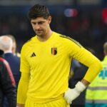 Thibaut Courtois tijdens een gespannen voetbalmoment na de WK-kwartfinale tegen Spanje