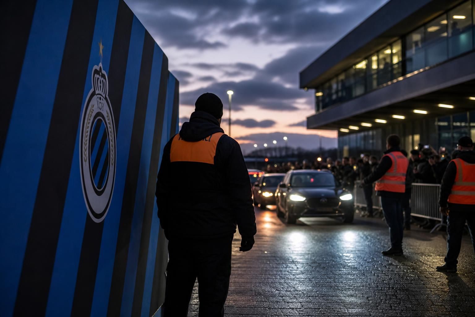 Transfercontext rond Club Brugge met stadionomgeving en gespannen sfeer