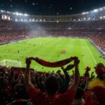 WK-stadion met spelers in actie en supporters die genieten van topvoetbal