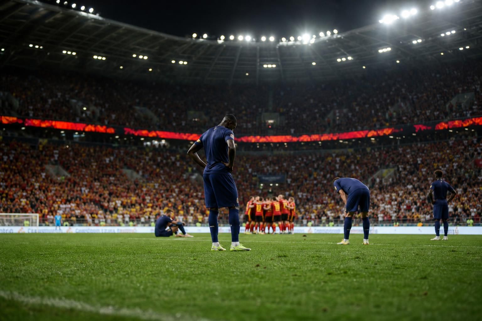 Franse spelers lopen ontgoocheld over het veld na de WK-nederlaag tegen Spanje.