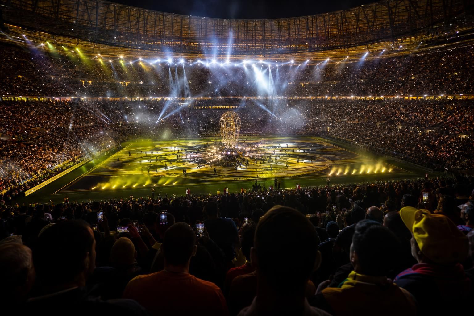WK-finalestadion tijdens een opvallende rustshow met felle lichten en supporters op de tribunes