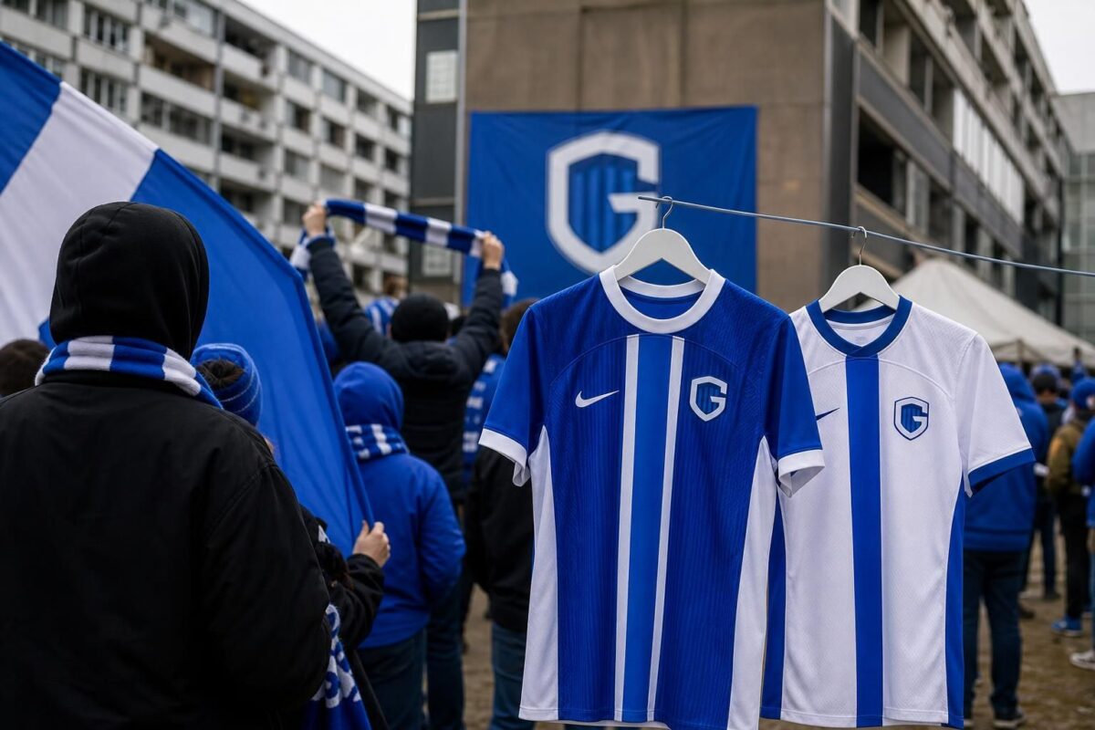 Nieuwe blauw-witte shirts van KRC Genk in een communitysetting zonder herkenbare gezichten