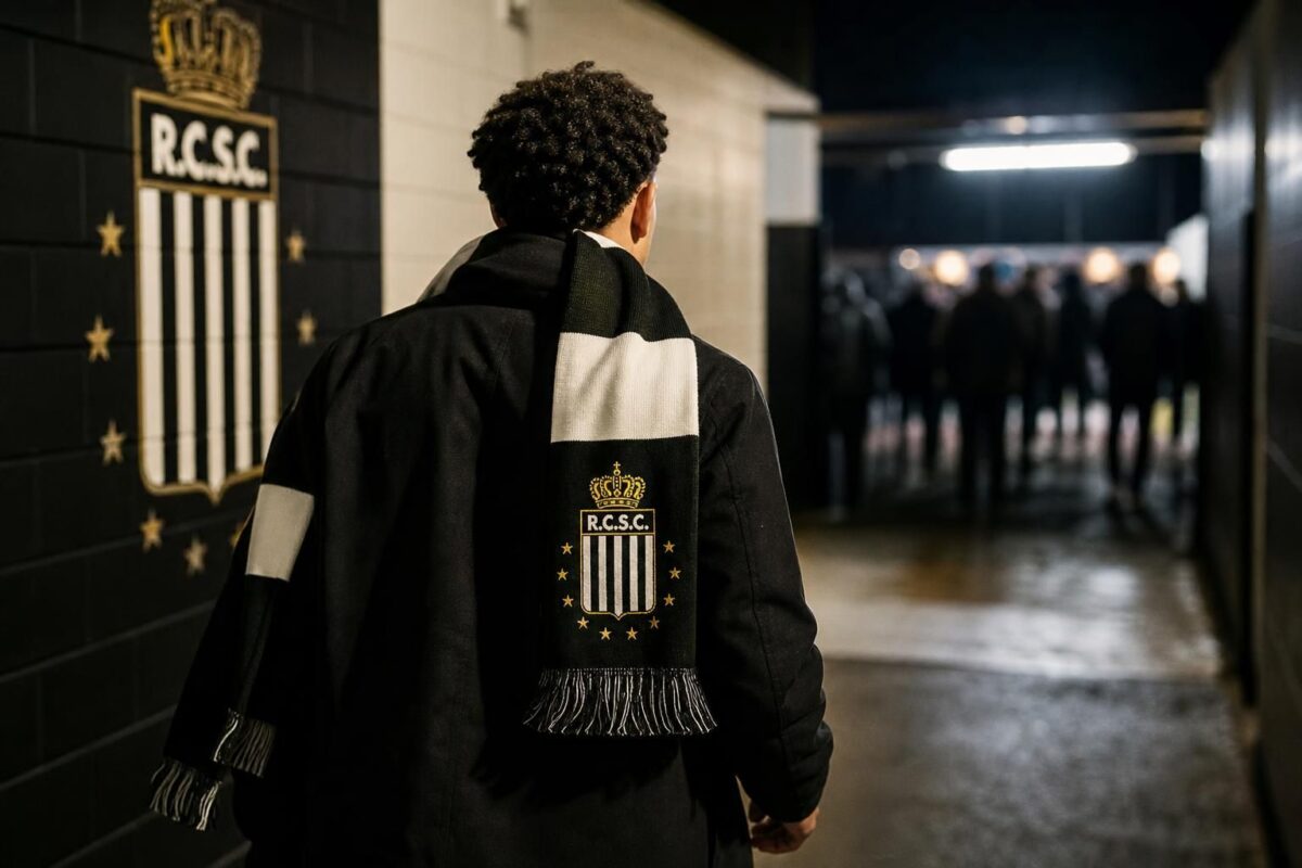 Transfercontext rond Sporting Charleroi met zwart-witte clubsfeer zonder herkenbare gezichten