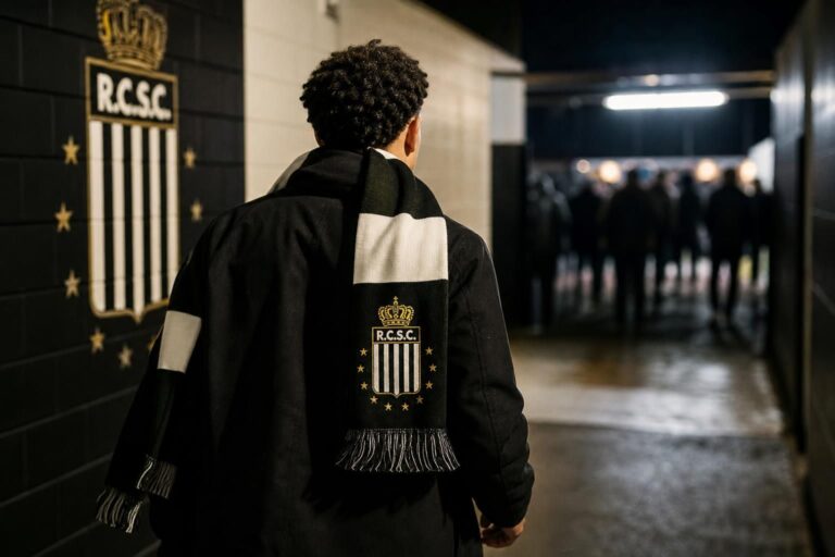 Transfercontext rond Sporting Charleroi met zwart-witte clubsfeer zonder herkenbare gezichten