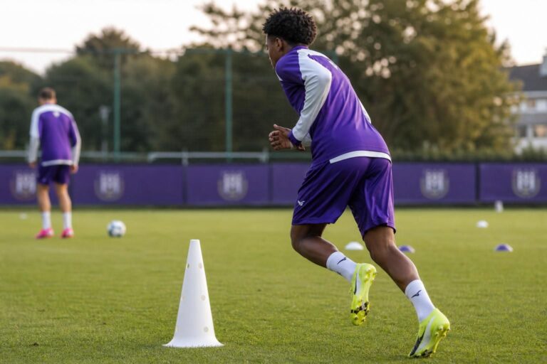 Een jonge speler van RSC Anderlecht tijdens een gefocuste trainingssituatie zonder herkenbare gezichten
