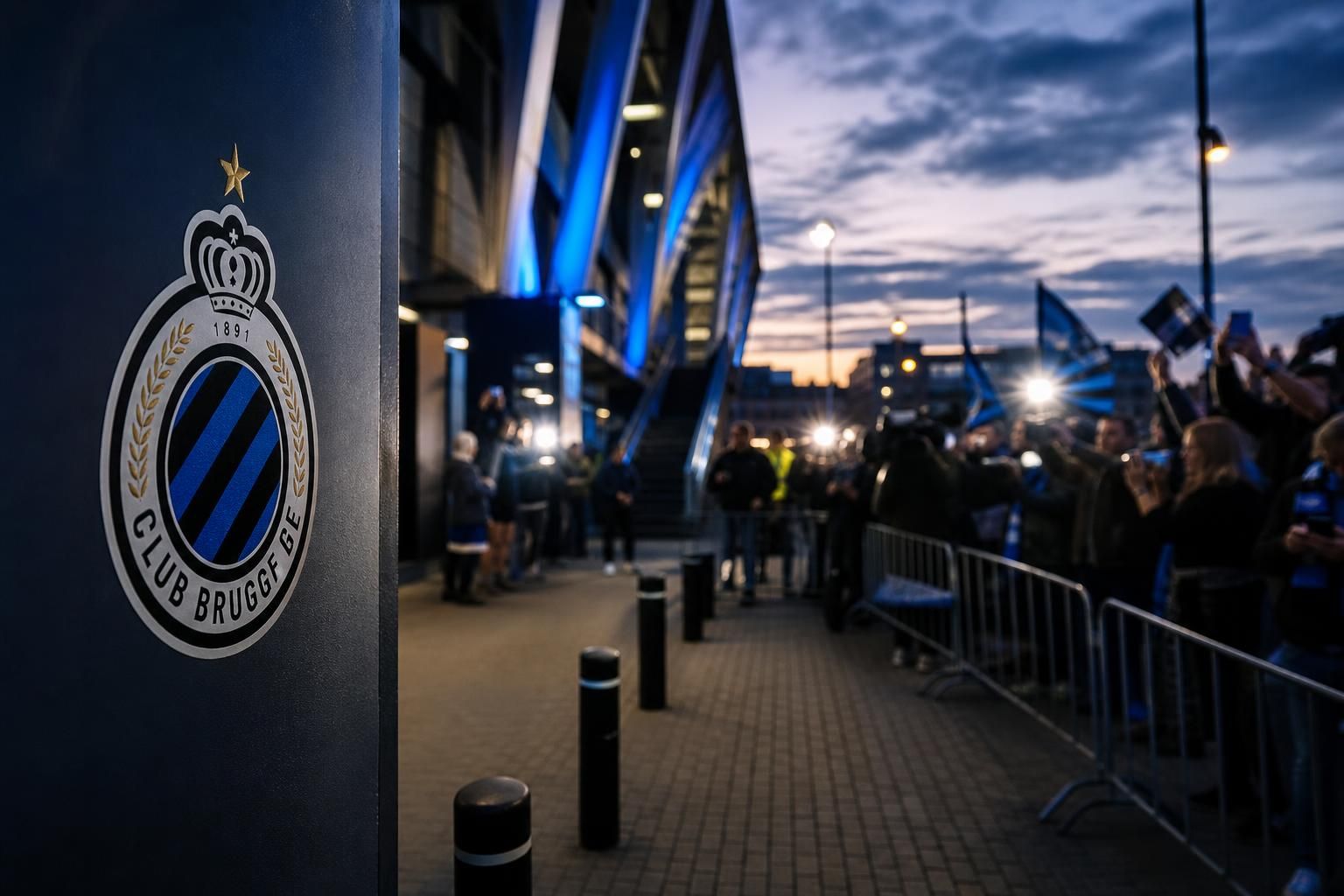 Gespannen transfercontext rond Club Brugge in een stadionomgeving zonder herkenbare gezichten