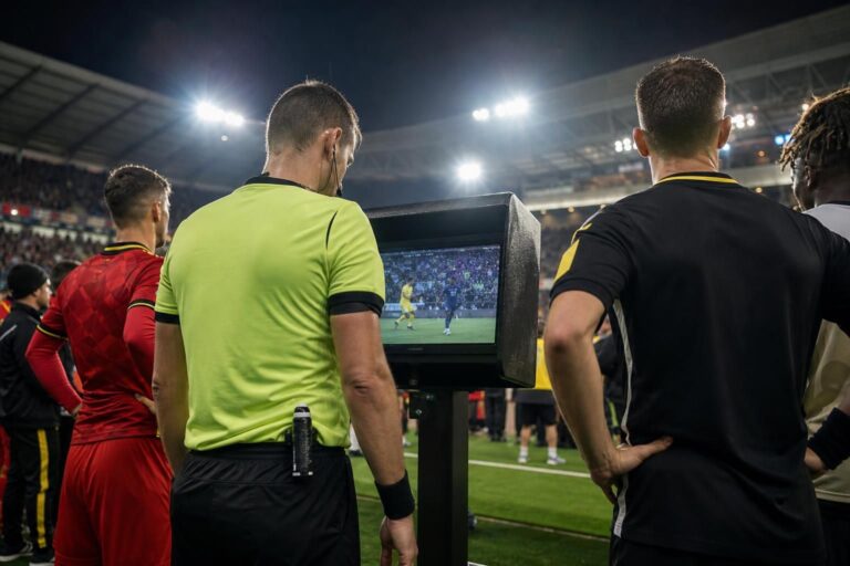 Scheidsrechter tijdens een VAR-moment in een Belgisch stadion