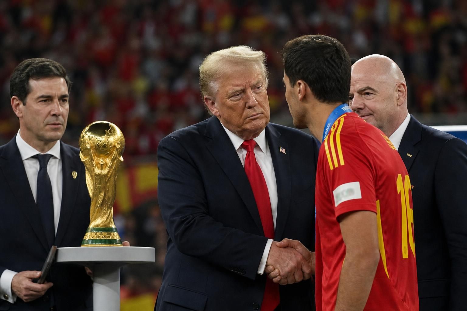 Donald Trump bij een mogelijk geladen WK-bekeruitreiking met Spaanse context
