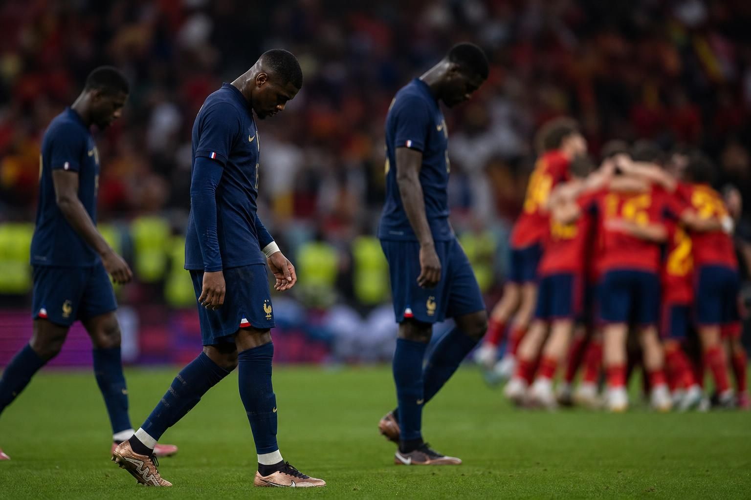 Ontgoochelde Franse spelers na de WK-halve finale tegen Spanje