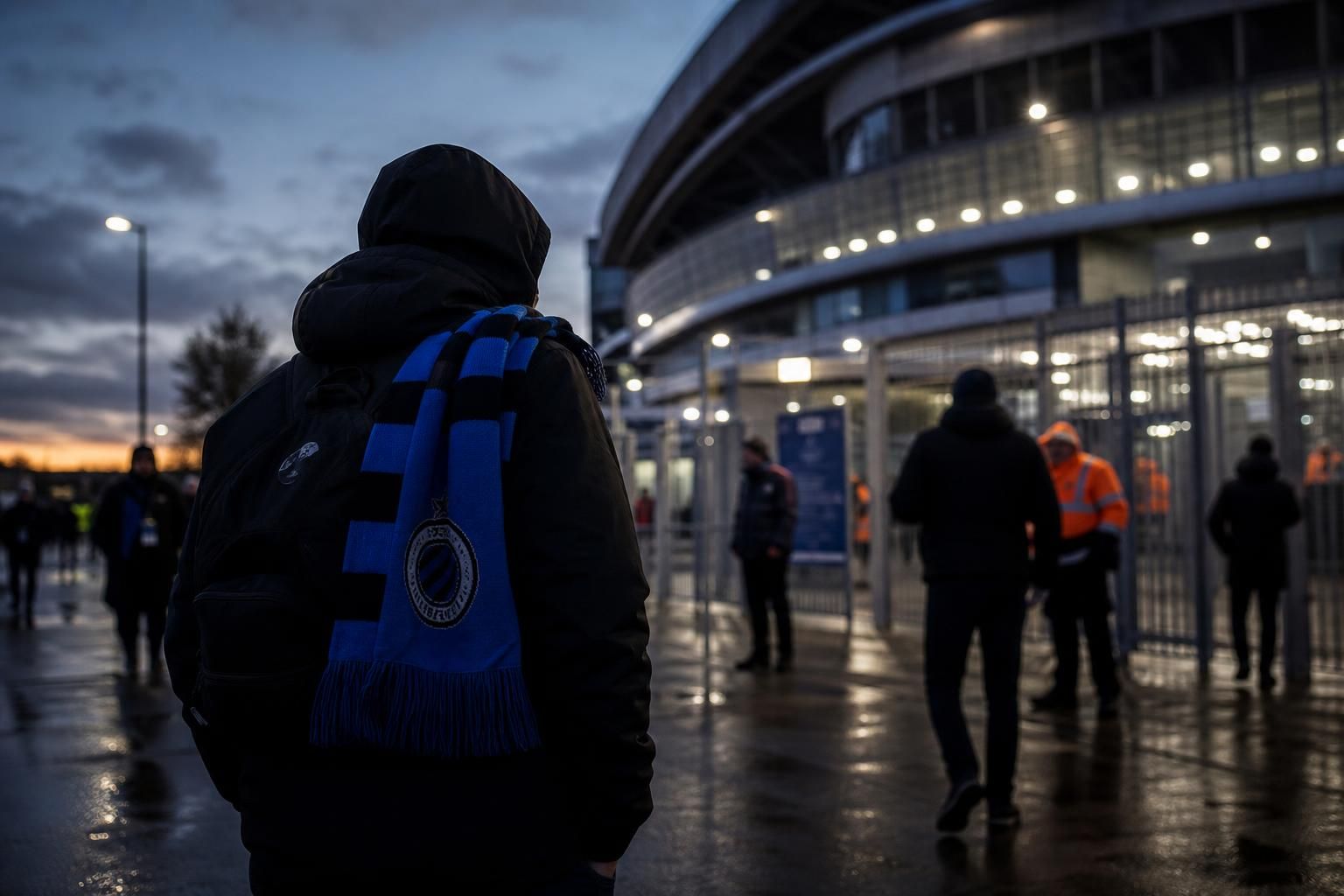 Transfercontext rond Club Brugge met blauw-zwarte sfeer en stadionlichten zonder herkenbare gezichten