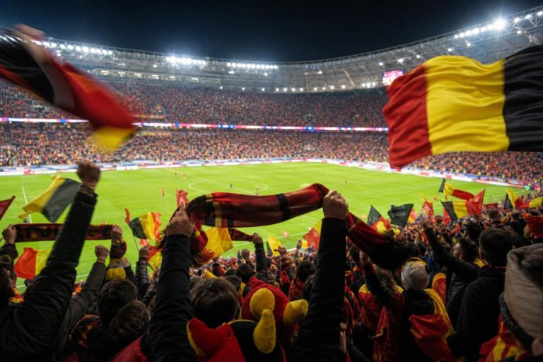 Belgische supporters vieren een dramatische WK-comeback van de Rode Duivels in een vol stadion