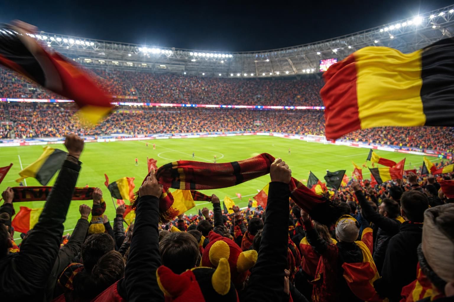 Belgische supporters vieren een dramatische WK-comeback van de Rode Duivels in een vol stadion
