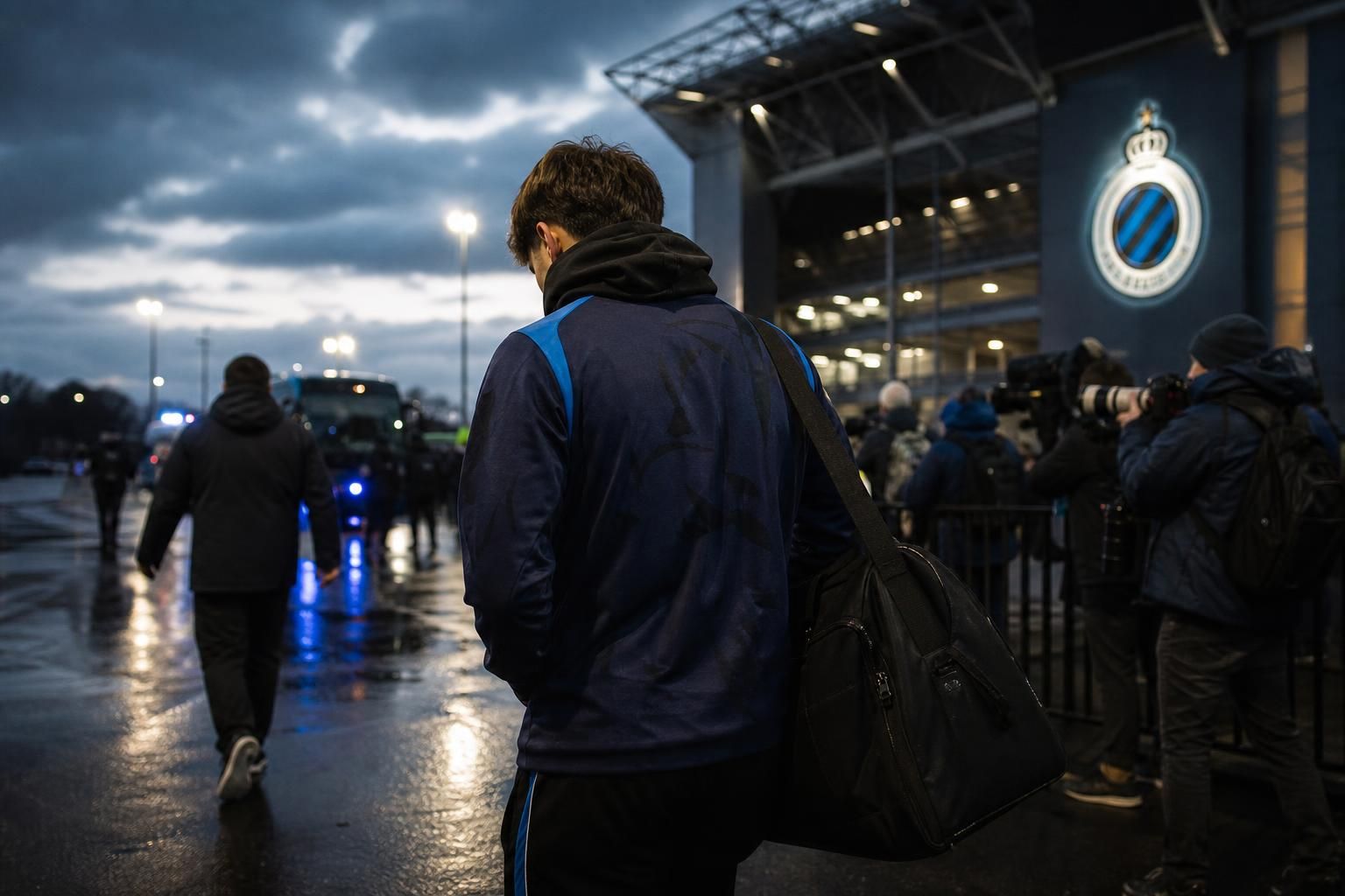 Transfercontext rond Club Brugge met gespannen stadionatmosfeer zonder herkenbare gezichten