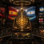 Gouden VoetbalFocus Prediction Engine met WK-projecties, België-accenten en Paul de Octopus in een observatiecapsule