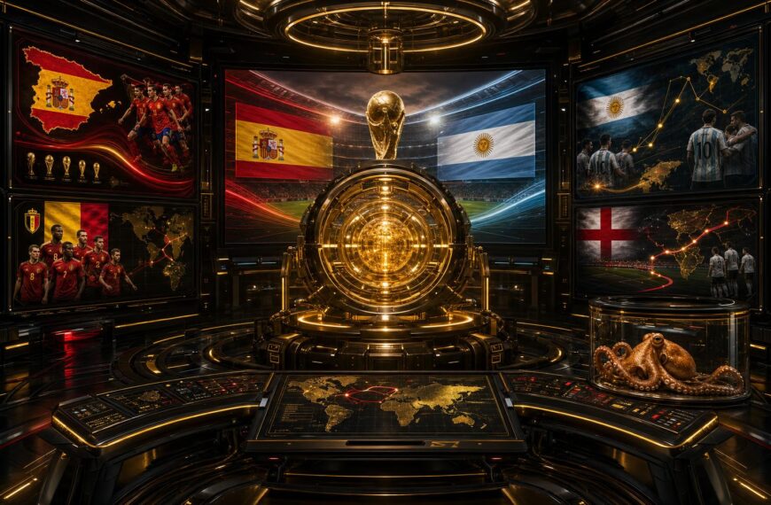 Gouden VoetbalFocus Prediction Engine met WK-projecties, Belgiรซ-accenten en Paul de Octopus in een observatiecapsule