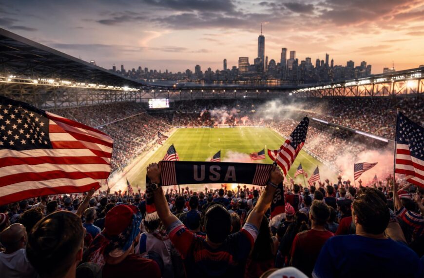 Amerikaanse voetbalsupporters met vlaggen rond een stadion