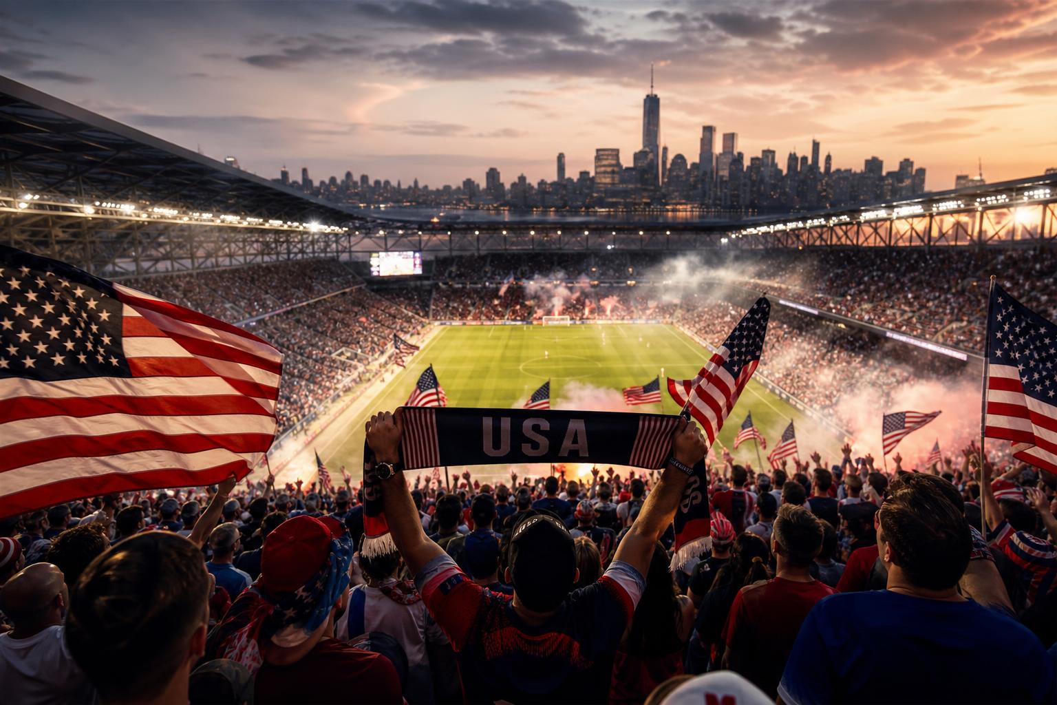Amerikaanse voetbalsupporters met vlaggen rond een stadion