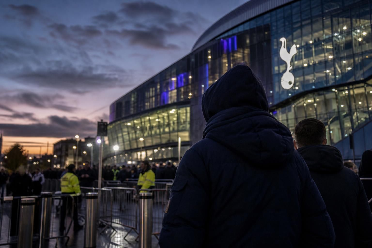 Transferachtige sfeer rond Tottenham Hotspur met stadionlichten en spanning op de achtergrond
