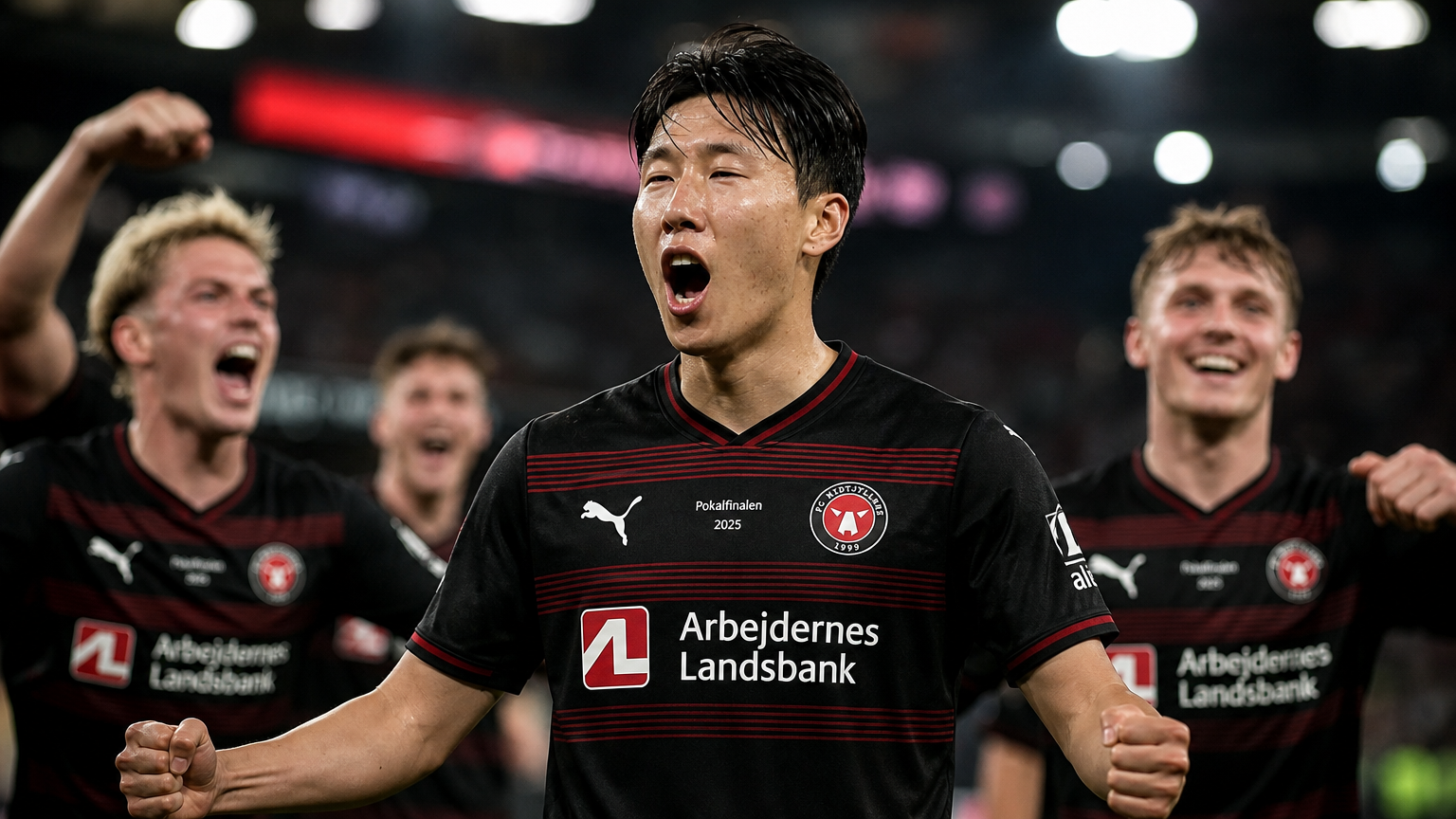 Han-beom Lee viert een doelpunt voor FC Midtjylland in de Deense bekerfinale