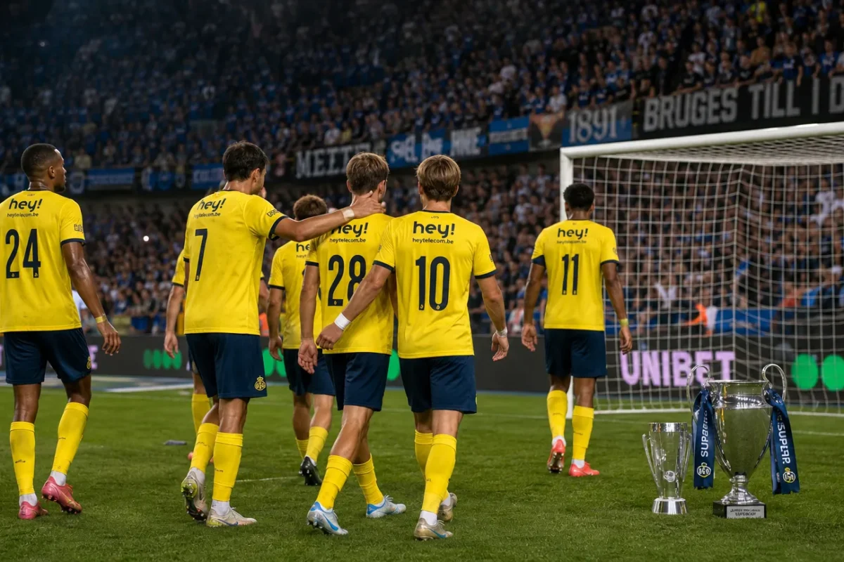 Niet-identificeerbare Union-spelers op het veld na afloop, met de tribunes van Club Brugge op de achtergrond.