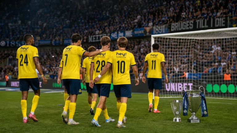Niet-identificeerbare Union-spelers op het veld na afloop, met de tribunes van Club Brugge op de achtergrond.