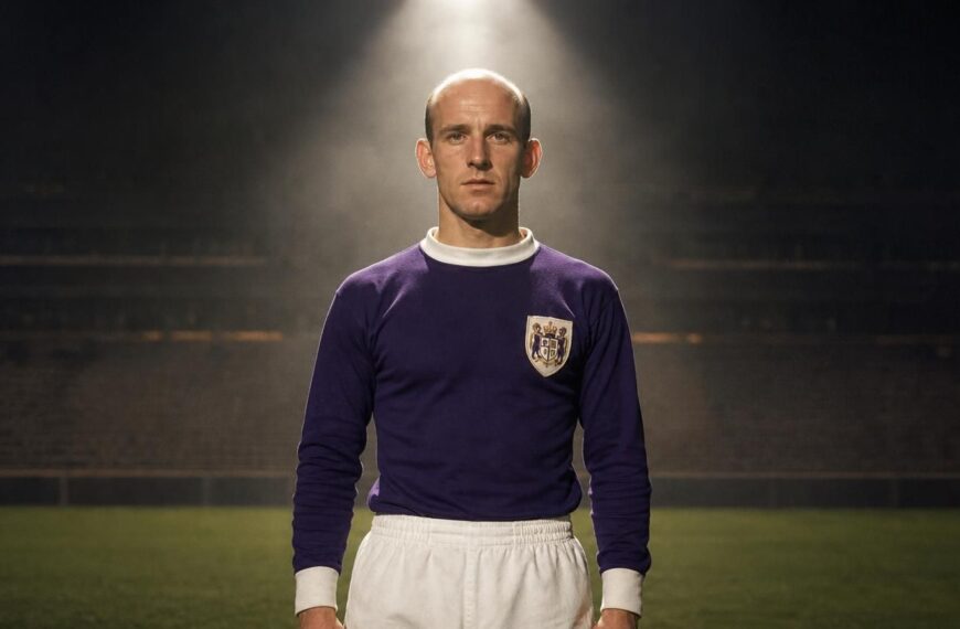 Georges Heylens in het paarse Anderlecht-tenue van de late jaren zestig onder een stadionspot.