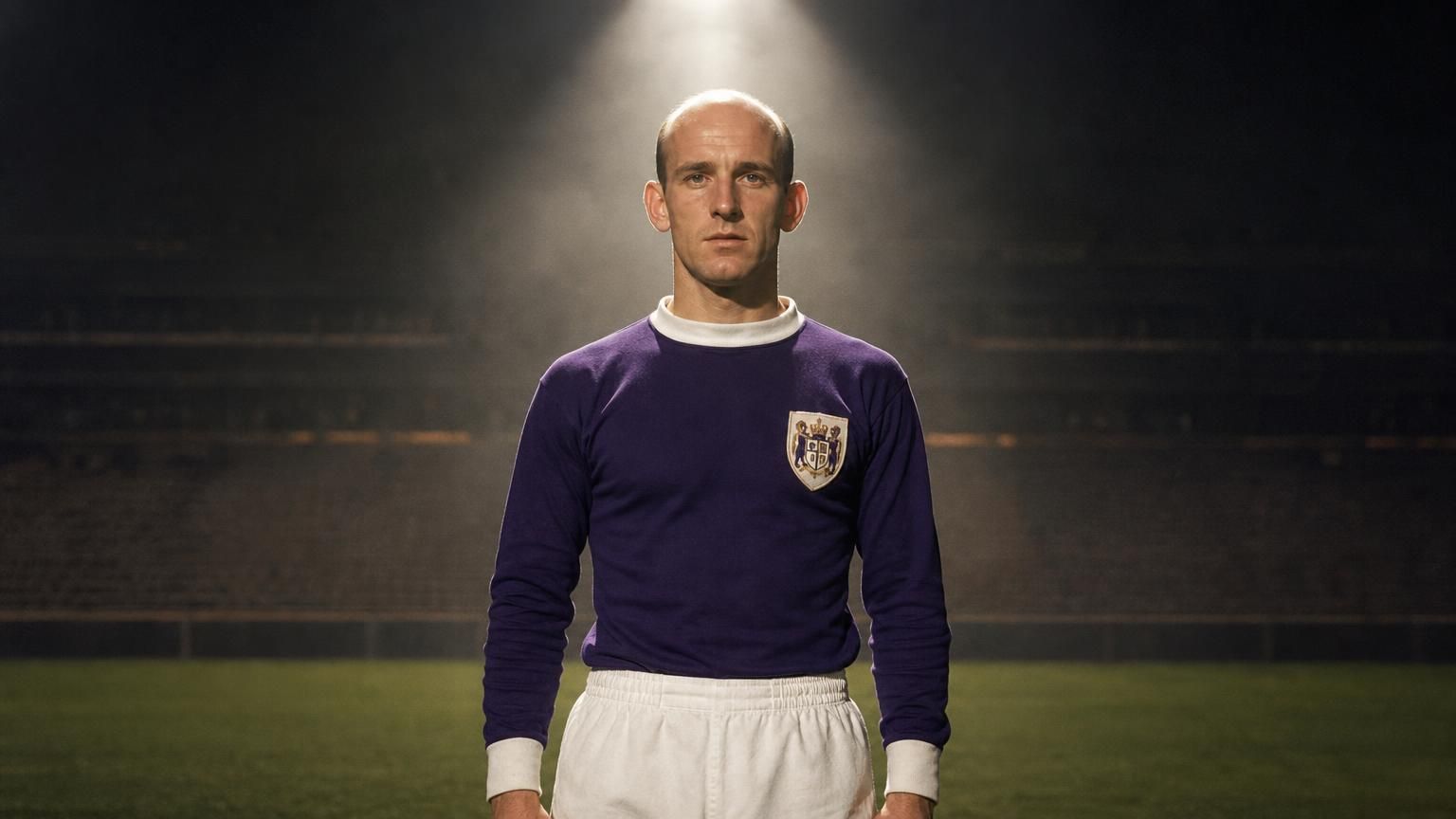 Georges Heylens in het paarse Anderlecht-tenue van de late jaren zestig onder een stadionspot.