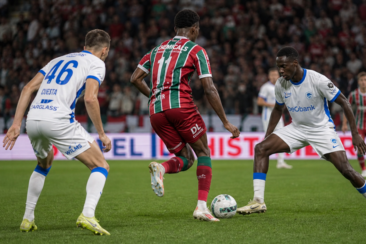 Anonieme spelers van KRC Genk en Zulte Waregem in een duel op het veld.