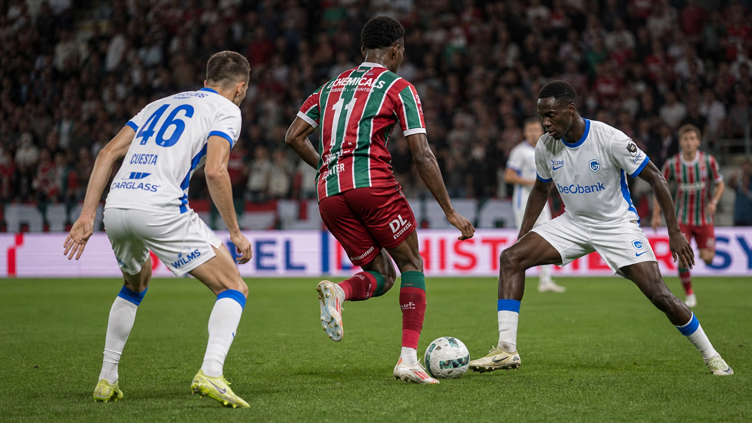 Anonieme spelers van KRC Genk en Zulte Waregem in een duel op het veld.