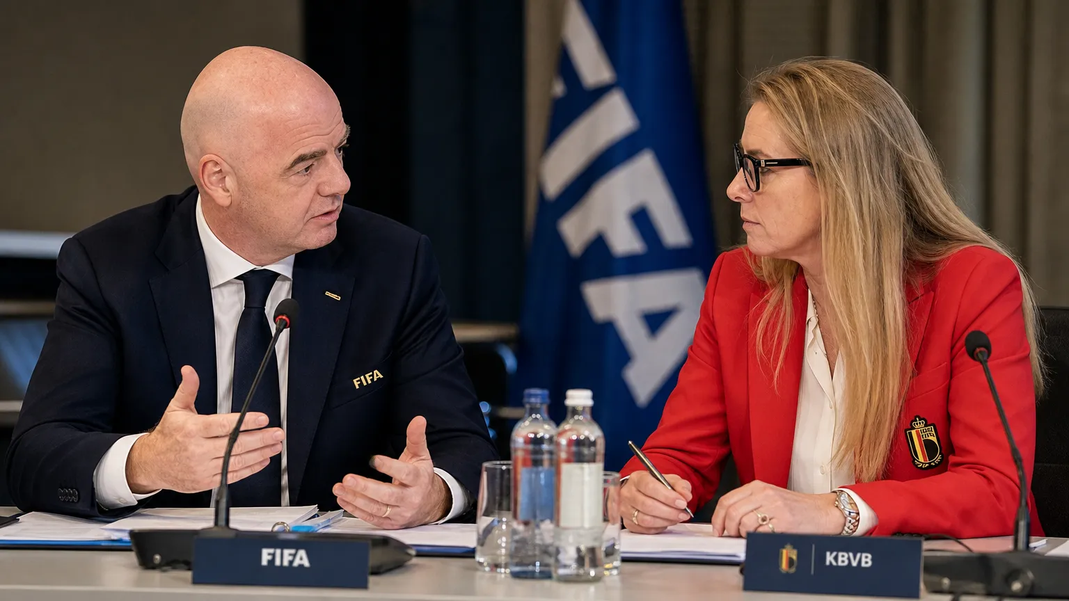 Pascale Van Damme en Gianni Infantino tijdens een overleg over het internationale voetbal