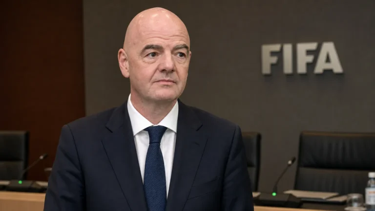 Gianni Infantino in een donker pak in een conferentiehal van de FIFA.