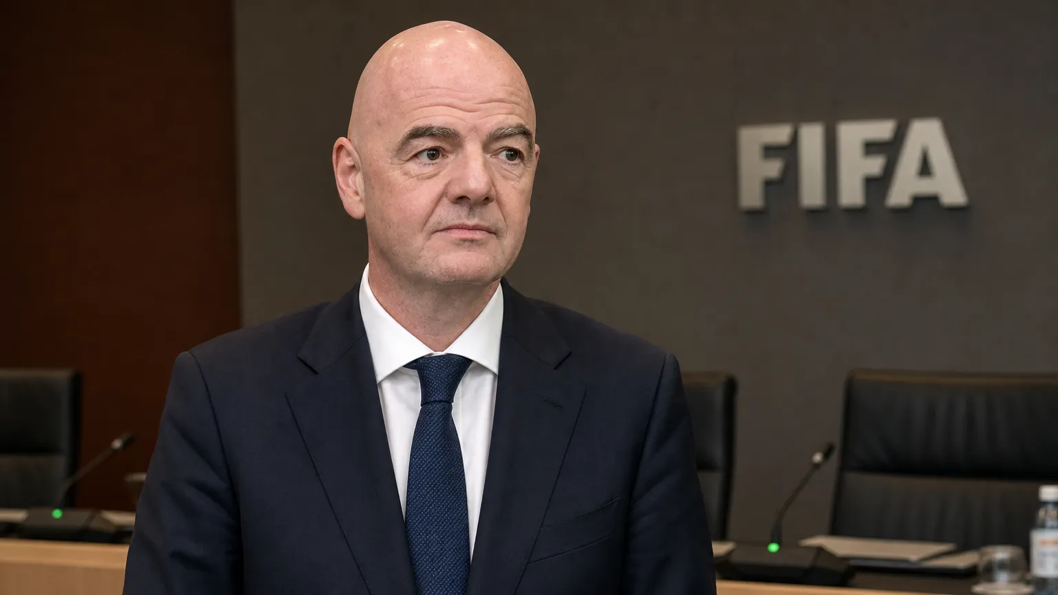 Gianni Infantino in een donker pak in een conferentiehal van de FIFA.