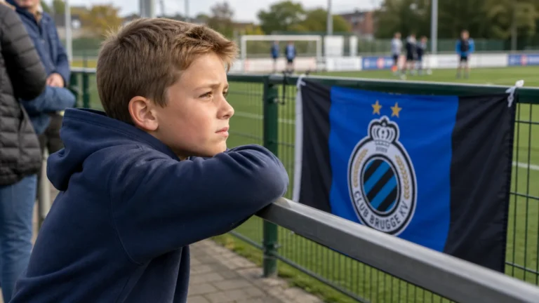 Een jonge supporter kijkt langs een jeugdvoetbalveld naar een Club Brugge-vlag.