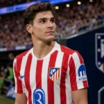 Julian Alvarez in het tenue van Atlético Madrid langs de zijlijn voor een wedstrijd.